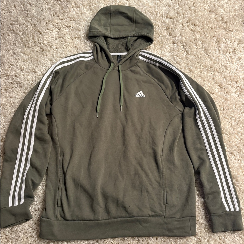 Adidas Olive Green Khaki Hoodie with White Stripes